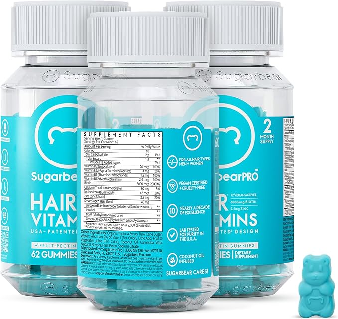 SugarBearPro Hair Vitamin Gummy 6 Month Supply Extra Strength Biotin 6000mcg, Growth for Men & Women, Vegan Vitamin B12, MSM, Inositol, Omega 3, Elderberry, Certified Kosher, Halal, Cruelty-Free