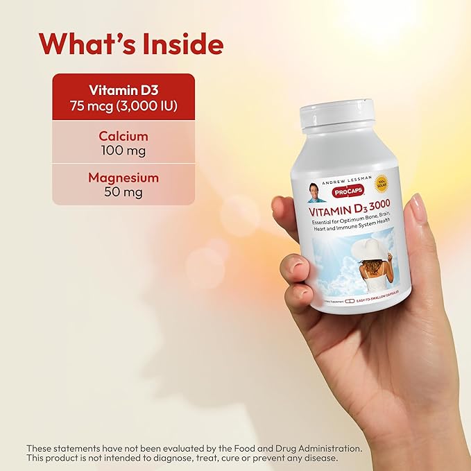 ANDREW LESSMAN Vitamin D3 3000 IU 360 Capsules - High Potency, Essential for Calcium Absorption, Supports Bone Health, Healthy Muscle Function, Immune System, More. Small Easy to Swallow Capsules