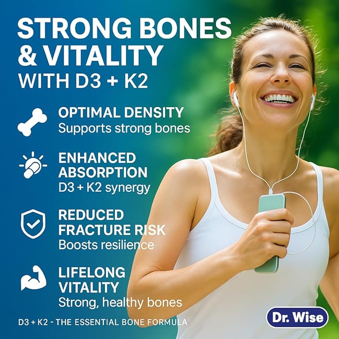 Dr. Wise Vitamin D3 + K2 – 5000 IU D3 with MK-7, One Per Day, for Strong Bones, Heart Health & Rejuvenated Vitality – Easy Swallow, Non-GMO – 60 Capsules, 2-Month Supply