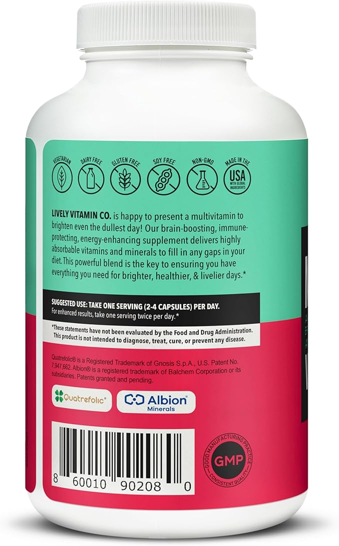 LIVELY VITAMIN CO. Multivitamin - 37 Vitamins Minerals and Extracts - Energy - Memory - Immune Function - Heart- Brain - Focus - Mood - Antioxidants - Dairy Gluten Soy Free - 240 Vegetarian Capsules
