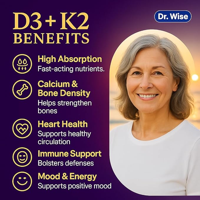 Dr. Wise Vitamin D3 + K2 – 5000 IU D3 with MK-7, One Per Day, for Strong Bones, Heart Health & Rejuvenated Vitality – Easy Swallow, Non-GMO – 60 Capsules, 2-Month Supply