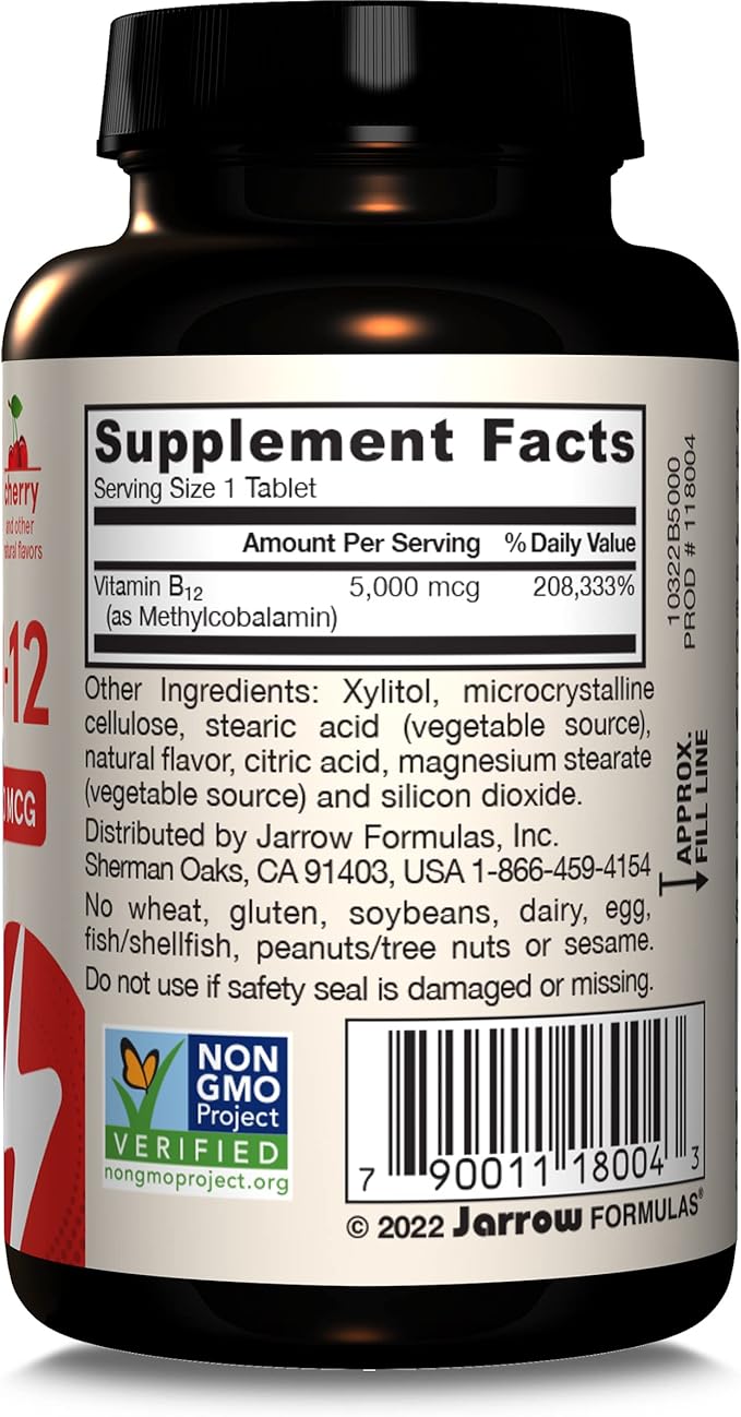 Jarrow Formulas Maximum Strength Methyl B-12 5000 mcg, Dietary Supplement for Cellular Energy Production and Brain Health Support, 60 Cherry-Flavored Chewable Tablets, 60 Day Supply, Pack of 12