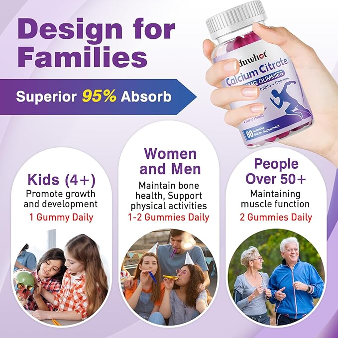 Calcium Citrate Gummies, Chewable Calcium Citrate 1000mg for Bone, Muscle & Immune Support, Ultimate Absorption Calcium Supplements for Women & Men, Blueberry, 60 Chews