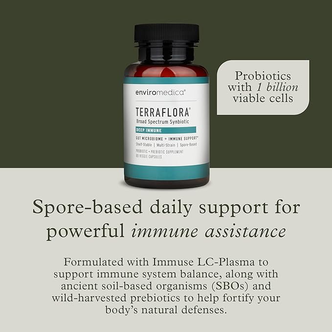 Terraflora Deep Immune Synbiotic- SBO Probiotic and Prebiotic, Immune Support, Gut Health, Soil Based Spore Pre and Probiotics for Women and Men, LC-Plasma, Bacillus Coagulans, Subtilis, 60 Capsules