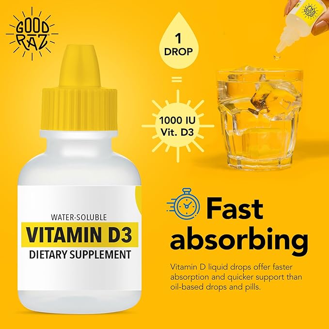 Vitamin D3 Drops for Adults 4-Month Supply – Water-Soluble Liquid Vitamin D, Non-GMO, Kosher Supplement – Easy to Absorb, No Stir, Flavorless D3 Liquid for Food or Drink