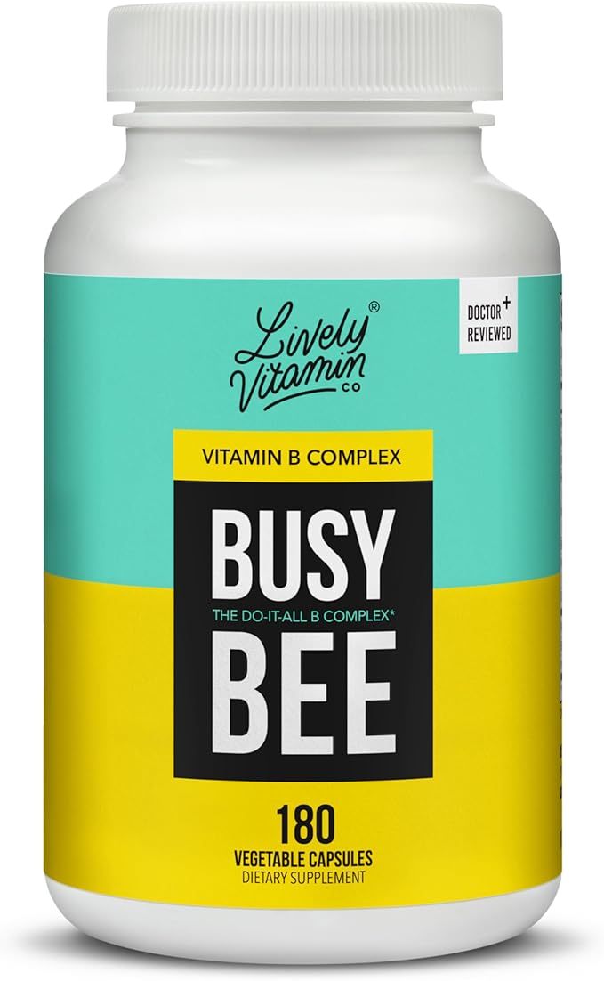 LIVELY VITAMIN CO. Busy Bee - Highly Bioavailable Vitamin B Complex with Choline - Energy - Stress - Brain Fog - Mental Clarity - Oxidative Damage - Dairy Soy Gluten Free - 180 Vegan Capsules