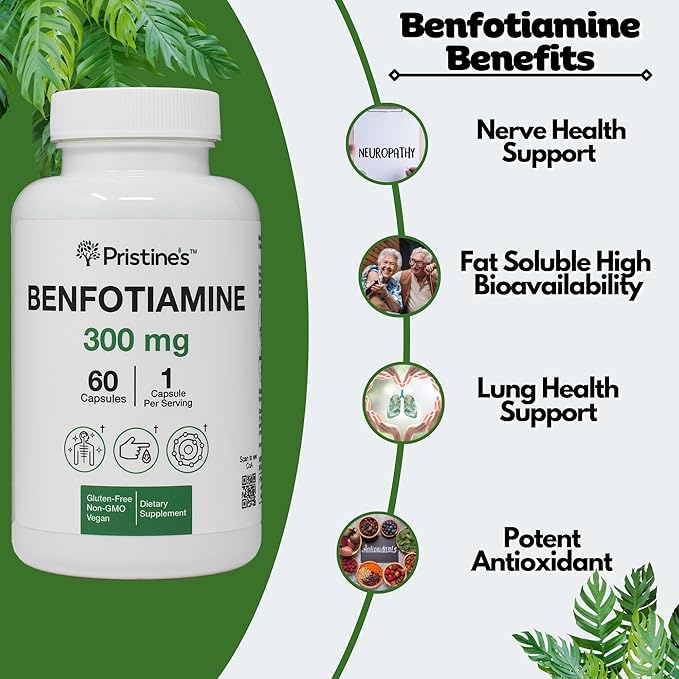 PRISTINE'S Benfotiamine 300mg High Bioavailability Nerve Support Supplement - 60 Day Supply - Fat Soluble Vitamin B1 Supplements - Vegan - Non-GMO