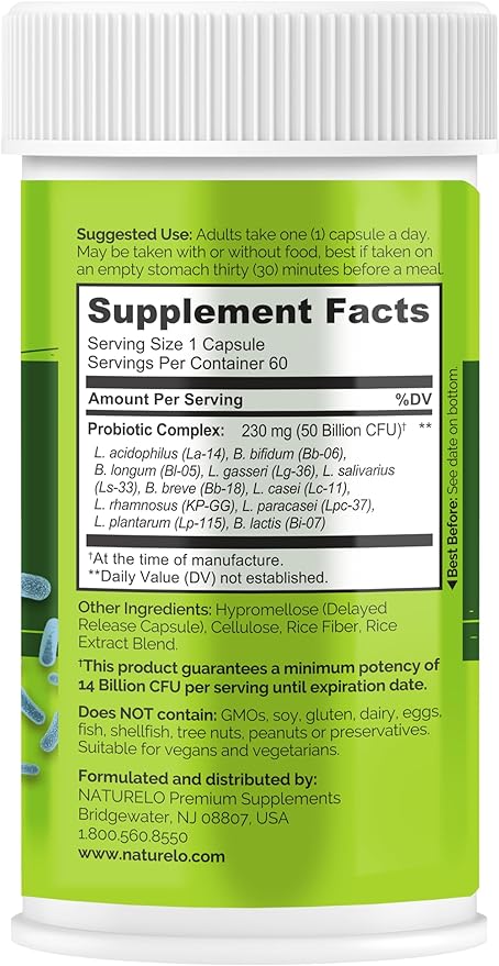 NATURELO Probiotics for Digestive Health - 50 Billion CFU, 11 Strains, Daily Use Supplement - Boosts Immune System, Delayed Release, No-Fridge, 60 Vegetarian Capsules (Pack of 2)