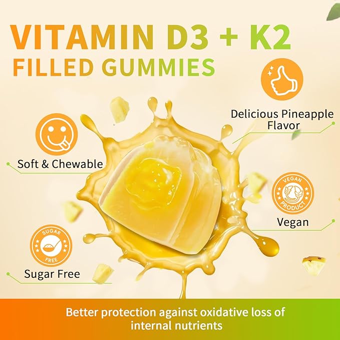 Vitamin D3 K2 Gummies, Vitamin D3 10000IU, K2 (MK-7) 200mcg, 6-in-1 Vitamina D3 Con K2 Supplement with Omega-3, Magnesium, Calcium and Zinc for Bones, Teeth & Immune Support, Sugar Free, 1 Pack