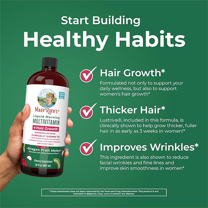 MaryRuth's Liquid Multivitamin + Hair Growth | Clinically Tested in Women for Thicker Hair & Facial Wrinkles | Biotin 10000mcg | Lustriva Hair Growth Supplements | Skin Care | Ages 18+ | 30 Fl Oz