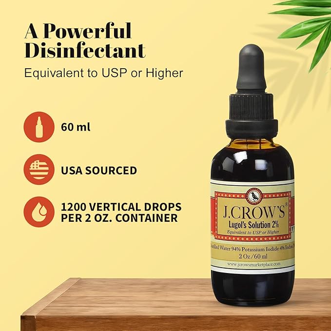 J.CROW'S® Lugol's Solution of Iodine 2% 2 oz (6 Bottles) – Premium Potassium Iodide Liquid, Supports Thyroid & Energy, Gluten &, Alcohol-Free Natural Brine Extract, No Expiration