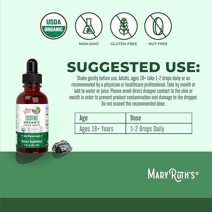 MaryRuth Organics Iodine Liquid Drops | Potassium Iodide | 1 Year Supply | 450 Servings | Thyroid Health | USDA Organic| Vegan | Non-GMO | Gluten Free | 1 Fl Oz