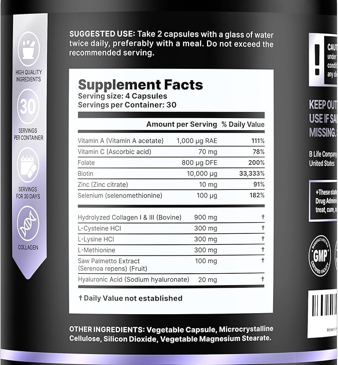 Hair Vitamins for Hair Loss for Women – Biotin for Hair Growth – Hair Loss Treatments for Women – Healthy Hair Skin and Nails –120 Capsules – 30 Servings