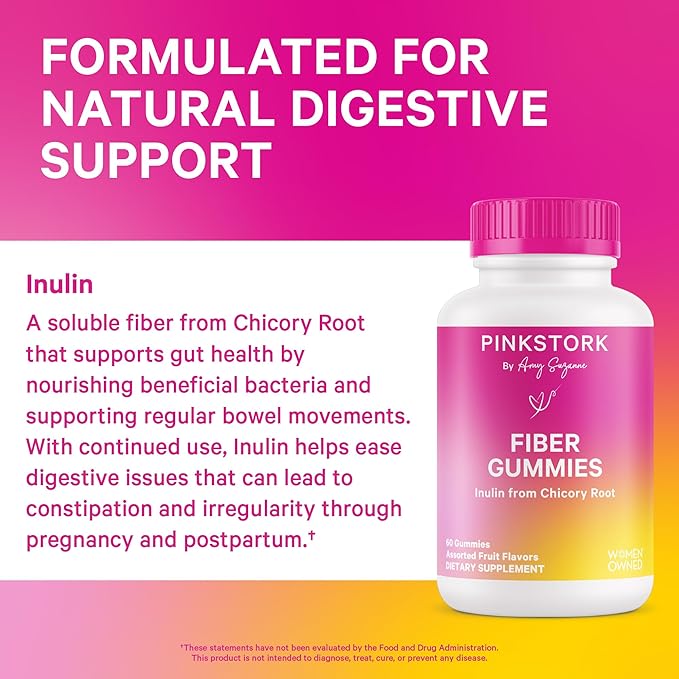 Pink Stork Prenatal Fiber Gummies for Women - 3g Prebiotic Inulin from Chicory Root - Natural Pregnancy & Postpartum Stool Softeners for Constipation & Digestive Health - 60 Vegan Fiber Chews