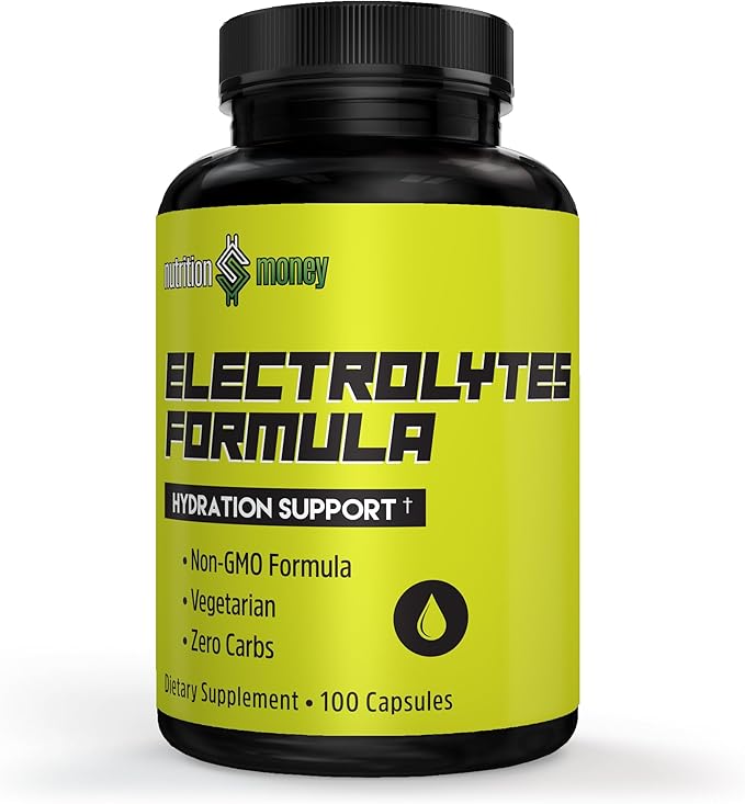 NutritionMoney Electrolyte Premium Hydration Supplement โ Sugar Free, Zero Carbs, Non-GMO, Zero Calories, Keto-Friendly, Supports Carnivore Diet, Optimal Rehydration Electrolytes Capsules - 100 Count