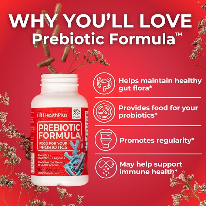 Health Plus Prebiotic Formula - Probiotics + Prebiotics + Digestive Enzymes - Gluten Free, Dairy Free, Natural Herbal Ingredients (180 Capsules, 60 Servings)