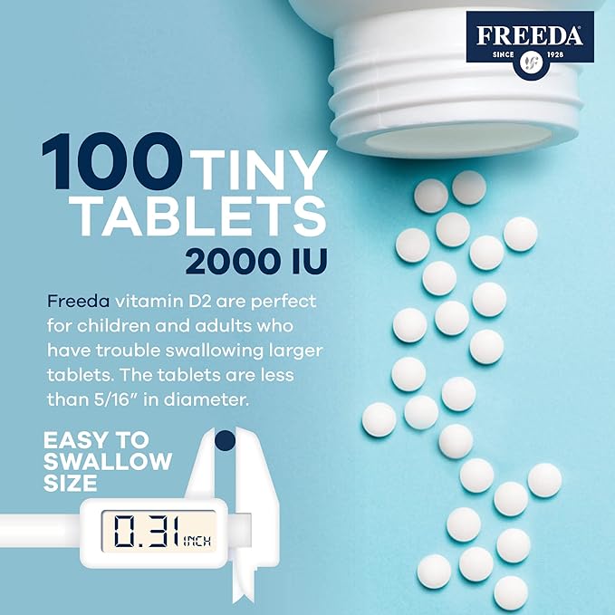 FREEDA Vitamin D2 2000 IU – Vegan Vitamin D for Bone Strength & Immune Support – Vegan Ergocalciferol D2 Supplement – 100 Tiny Tablets