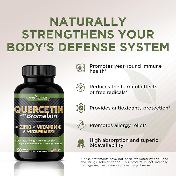 Gade Nutrition Quercetin with Vitamin C and Zinc - Quercetin 500mg - Quercetin with Bromelain - Zinc Quercetin - Quercetin Supplements + Vitamin D3 (Non-GMO, Gluten-Free, Vegan) - 4 Month Supply