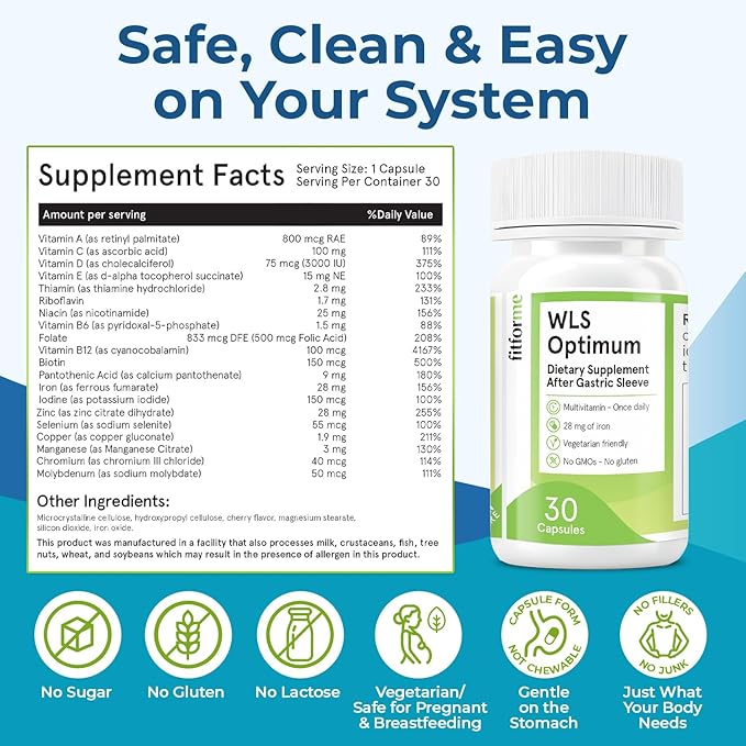 FitForMe Bariatric Multivitamins with Iron After Gastric Sleeve - One a Day WLS Optimum Capsule - 90 Days Supply of Vitamins & Minerals, Scientifically Proven