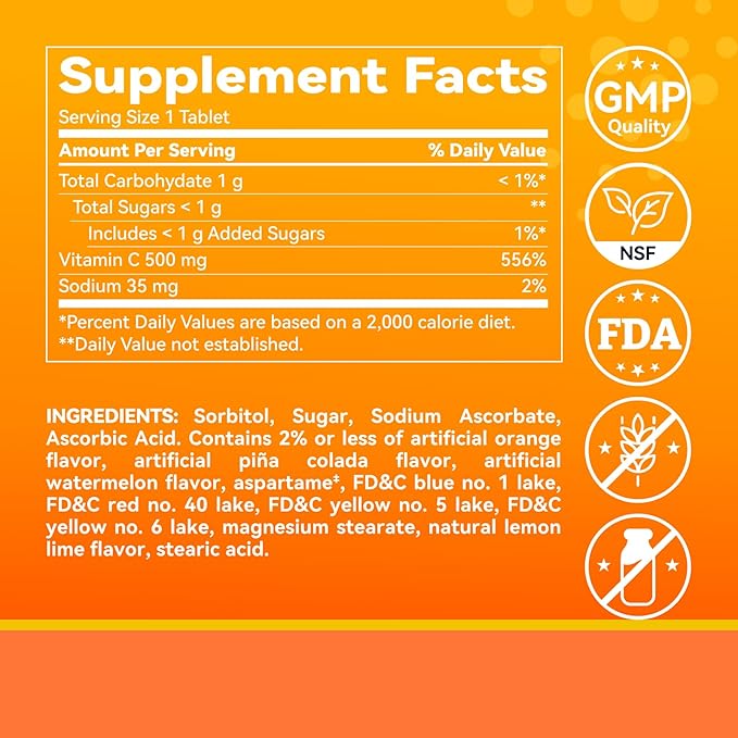 Vitamin C 500 mg, Vitamin C Chewable, Dietary Supplement for Immune Support, 250 Tablets, 250 Day Supply, Assorted Fruit Flavors