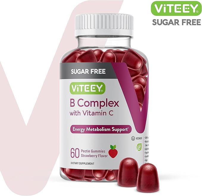 VITEEY Vitamin B Complex Gummies with Vitamin C, Sugar Free - Energy, Metabolism & Nerve Health - B6, B12, Folic Acid, Biotin - Vegan, Gelatin Free, GMO Free - Tasty Chewable Strawberry Flavored Gummy