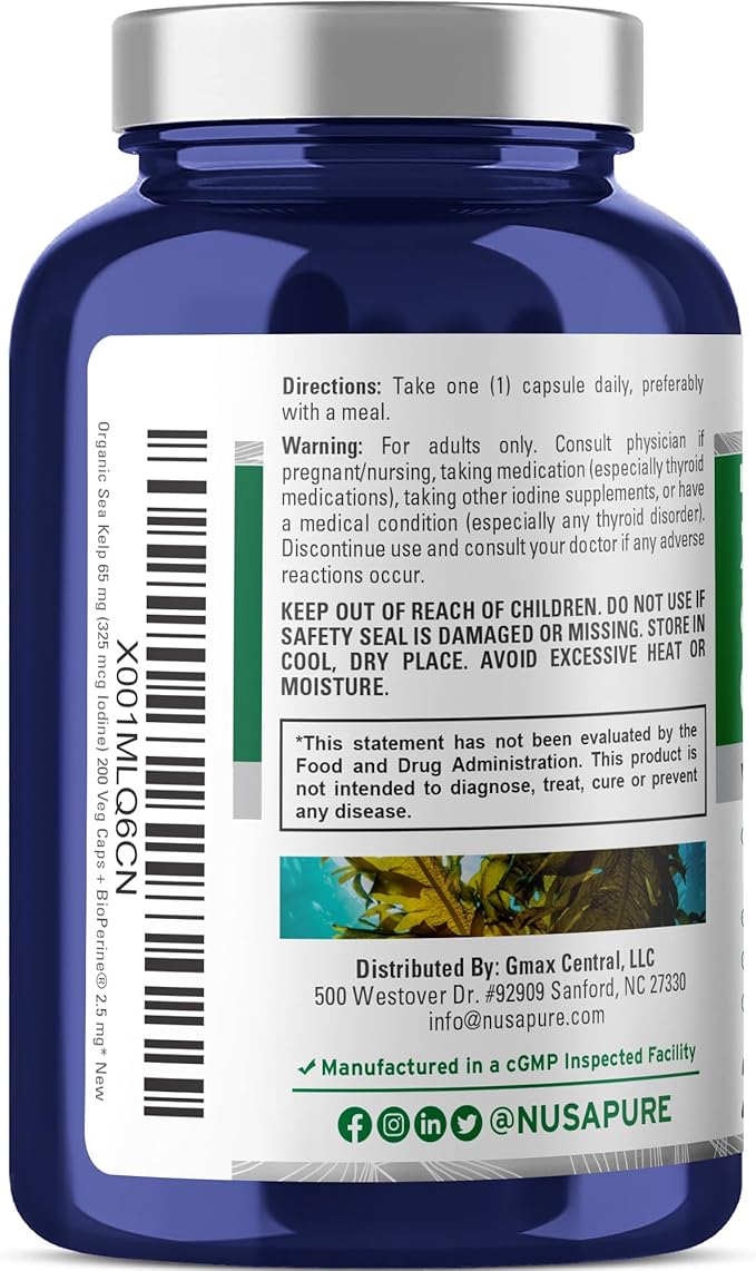 NusaPure High Absorption Sea Kelp Iodine 325mcg 650 mg per Veggie Capsule 200 Count (Non-GMO, Vegan)