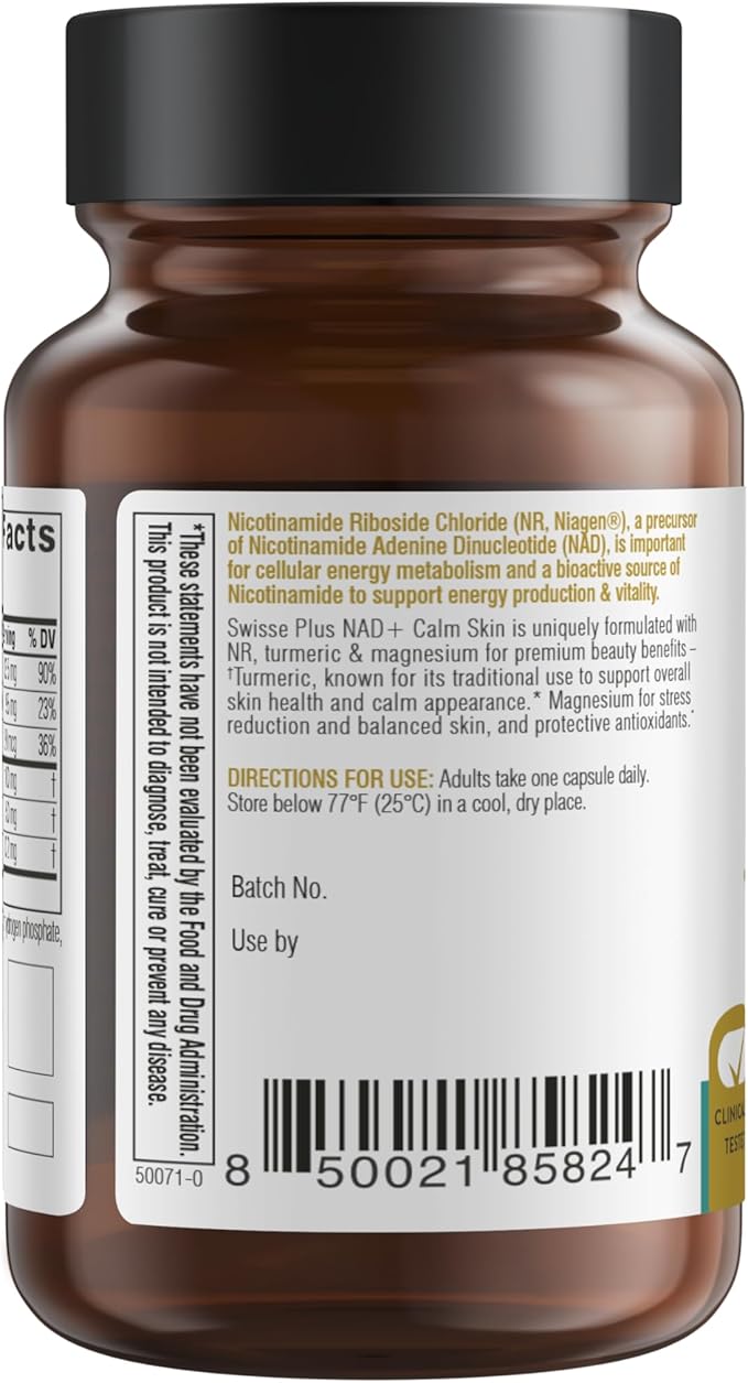 Swisse Plus NAD+ Calm Skin | Clinically Tested NAD+ Supplement | Supports Balanced, Healthy Skin | Anti-Aging Supplement for Women & Men | 30 Capsules