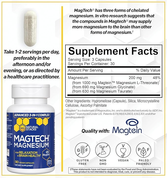 MagTech Magnesium Complex - 3 Forms of Magnesium: Magtein L-Threonate, Glycinate & Taurate - 200mg Chelated Magnesium Supplement - Supports Relaxation & Brain Health - 90 Capsules