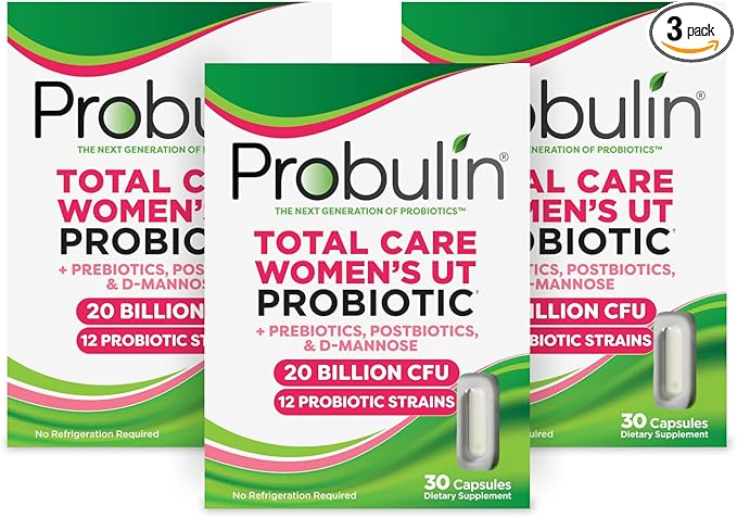 Probulin Total Care Women's Urinary Tract = Prebiotics + Probiotics + Postbiotics to Support Healthy Vaginal Microbiome - 20 Billion CFU - 12 Strains - 30 Vegan Caps (Pack of 3)
