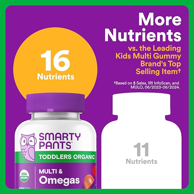 SmartyPants Organic Toddler Multivitamin Gummies: Omega 3 (ALA), Vitamin D3, C, Vitamin B12, B6, A, K & Zinc for Immune Support, Biotin, Vegetarian, Two Fruit Flavors, 60 Count (30 Day Supply)