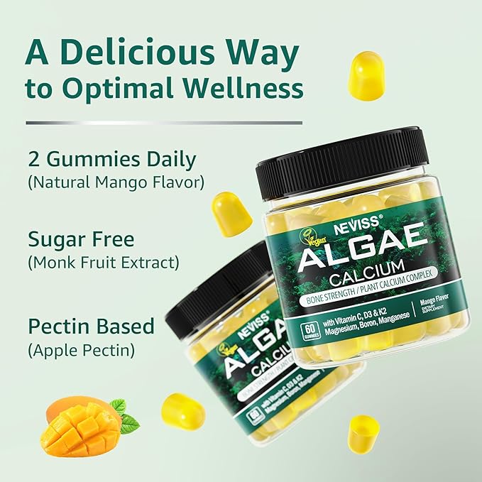 Calcium Gummies for Women + Magneisum Vitamin D3 K2, C, Zinc, Boron, Sustainable Algae (3rd Party Tested) for Bone Strength, Nerve, Calcium Absoption, Sugar Free Calcium Supplement, Vegan, 60 Counts