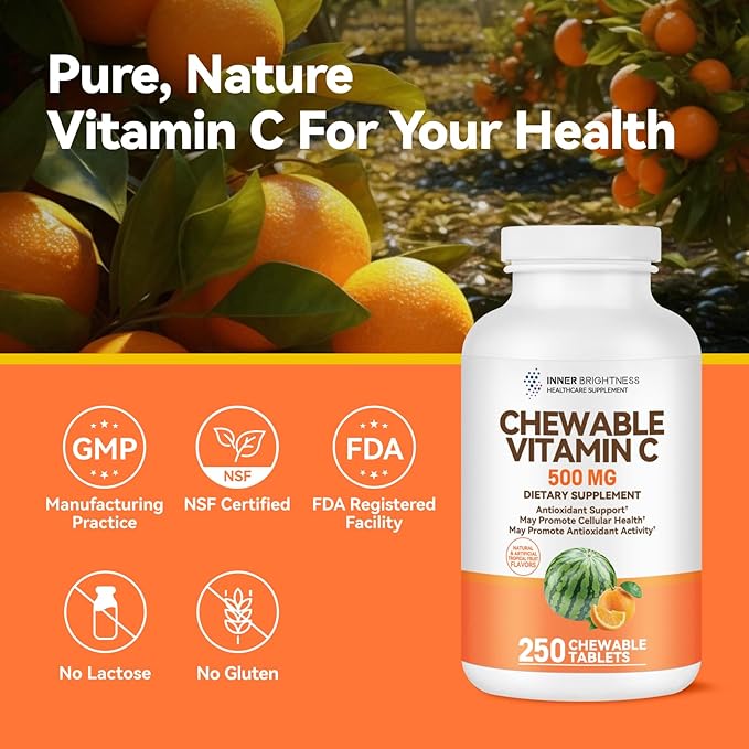 Vitamin C 500 mg, Vitamin C Chewable, Dietary Supplement for Immune Support, 250 Tablets, 250 Day Supply, Assorted Fruit Flavors