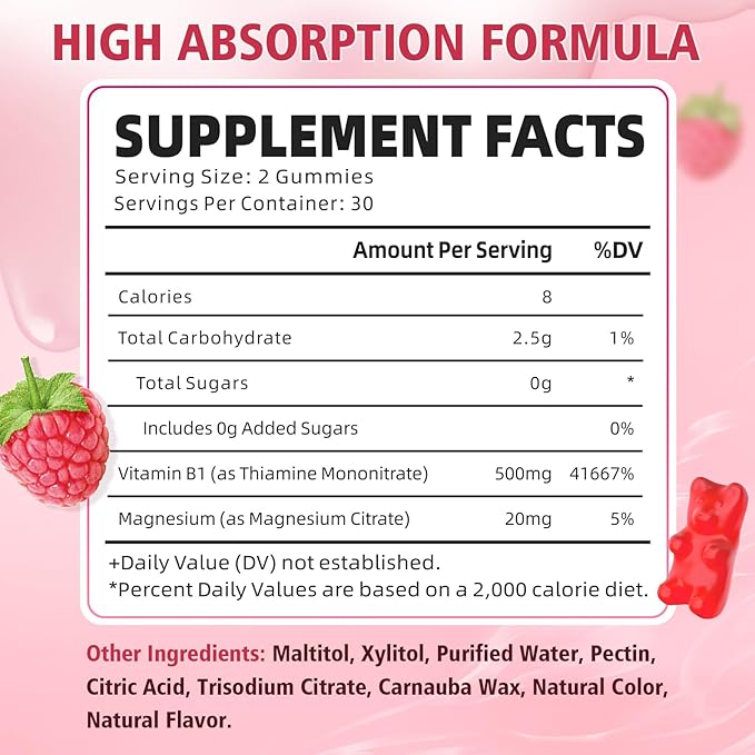 Vitamin B1 Gummies 500mg for Adults & Kids, Thiamine B1 Supplement with Magnesium, Vitamin B1 Supplement for Nervous System Supports & Boost Energy, Raspberry Flavor, 60 Count