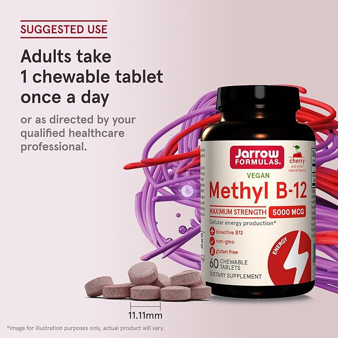 Jarrow Formulas Maximum Strength Methyl B-12 5000 mcg, Dietary Supplement for Cellular Energy Production and Brain Health Support, 60 Cherry-Flavored Chewable Tablets, 60 Day Supply, Pack of 12