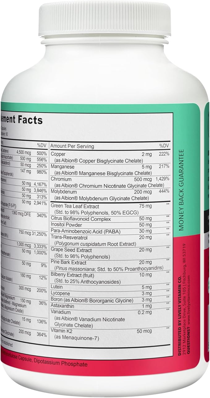 LIVELY VITAMIN CO. Multivitamin - 37 Vitamins Minerals and Extracts - Energy - Memory - Immune Function - Heart- Brain - Focus - Mood - Antioxidants - Dairy Gluten Soy Free - 240 Vegetarian Capsules