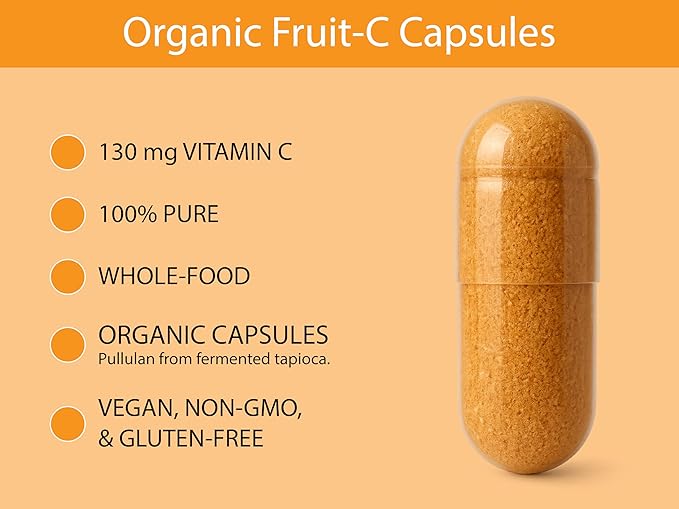 KOYAH Fruit-C - Organic Vitamin C Capsules - from Acerola Cherries, 100% Whole Fruits, 130 mg Vitamin C, Freeze-Dried, No Extracts - Whole-Food, Vegan, Non-GMO, 3rd Party Tested, 60 Capsules