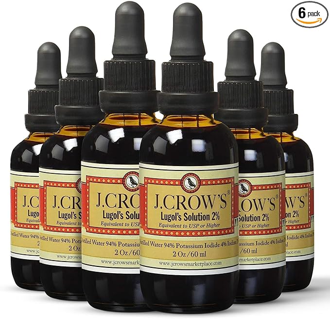J.CROW'S® Lugol's Solution of Iodine 2% 2 oz (6 Bottles) – Premium Potassium Iodide Liquid, Supports Thyroid & Energy, Gluten &, Alcohol-Free Natural Brine Extract, No Expiration