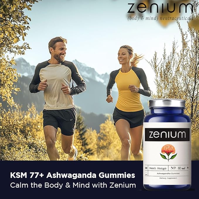 Zenium - Relieve Stress, Tension, Worry, Nervousness, & Irritability | Calm The Mind & Body | Ayurvedic | Natural Relief Supplement | Boosts Mood | Ashwagandha Gummies (Mango) | 60 Count