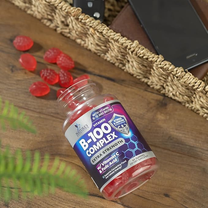 B Complex Gummies with Vitamin C & Folic Acid, Extra Strength Super Vitamin B Gummies Supplement with Niacin, B6, Folic Acid, B12, Biotin, Nature's Energy Immune Support Supplements - 60 Gummies