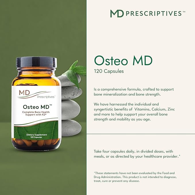 Osteo MD Bone Health Supplement - Complete Support for Strength & Mass, with Natural Vitamin D3 & K2, Calcium, & Zinc - 60 Capsules