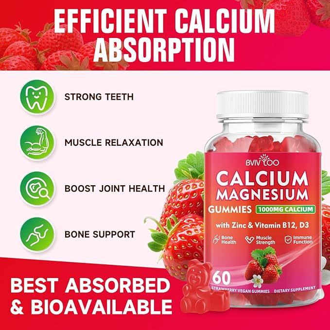 Calcium Gummies 1000mg with Vitamin D3 K2 & B Complex, Potassium, Calcium Magnesium Zinc Gummies for Bone, Muscle, Mood and Immunity - Vegan, Non-GMO, Strawberry Flavor 60 Count