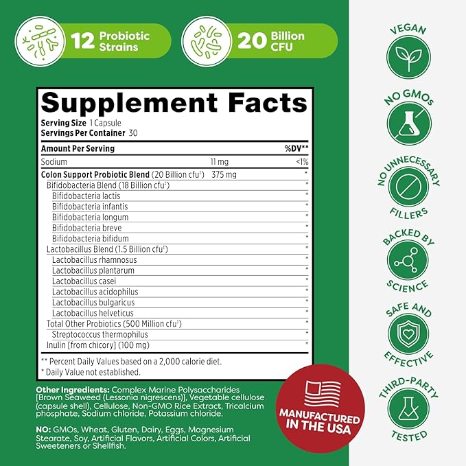 Probulin Colon Support Probiotic Supplement, Daily Gut, Digestive, and Immune Health Probiotics Capsules for Men and Women, 20 Billion CFU, Vegan, 30 Count Bottle