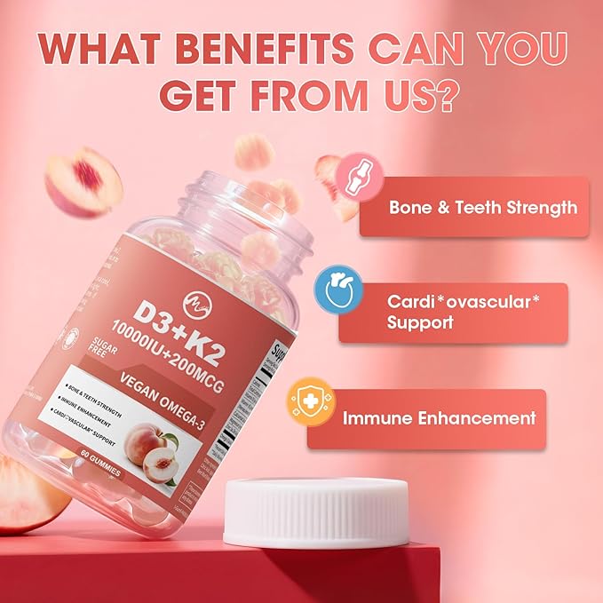 Vitamin D3 K2 Gummies, Vitamin D3 10000IU, K2 (MK-7) 200mcg, 6-in-1 Vitamina D3 Con K2 Supplement with Omega-3, Magnesium, Calcium and Zinc for Bones, Teeth & Immune Support, Sugar Free, 2 Packs