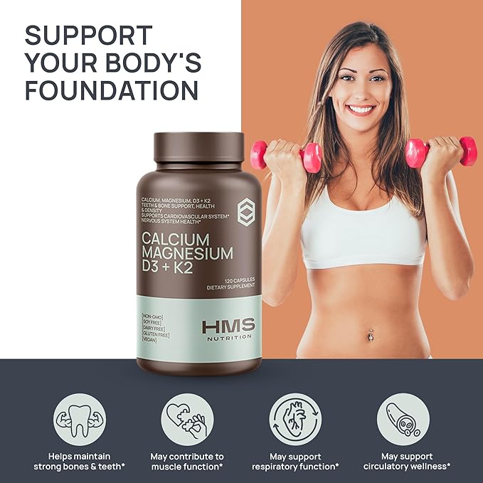 Calcium, Magnesium, Vitamins D3 + K2 for Bone Health, Immune Support, Bones & Teeth Calcium Supplement for Women & Men, Non-GMO, Gluten-Free, 120 Capsules