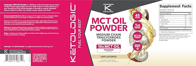 Ketologic MCT Oil Powder Unflavored (1 LB) – Keto Coffee Creamer & Energy Support – 41 Servings of Medium Chain Triglycerides for Focus & Fuel