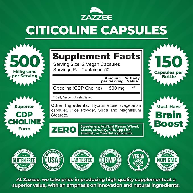 Zazzee Extra Strength Citicoline, 500 mg per Serving, 100 Vegan Capsules, Superior CDP Choline Form, 100% Vegetarian and Pharmaceutical Grade, 50-Day Supply, All-Natural and Non-GMO