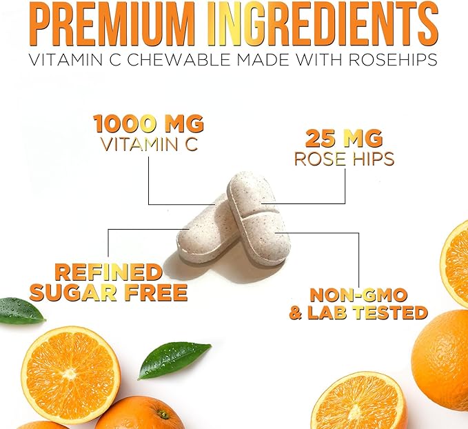 Vitamin C 1000mg Chewable Supplement - Extra Strength Immune Support Vitamin C Dietary Supplement with Rose HIPS, Nature's VitaminC Antioxidant Support, Natural, Vegan, Orange Flavor - 120 Tablets