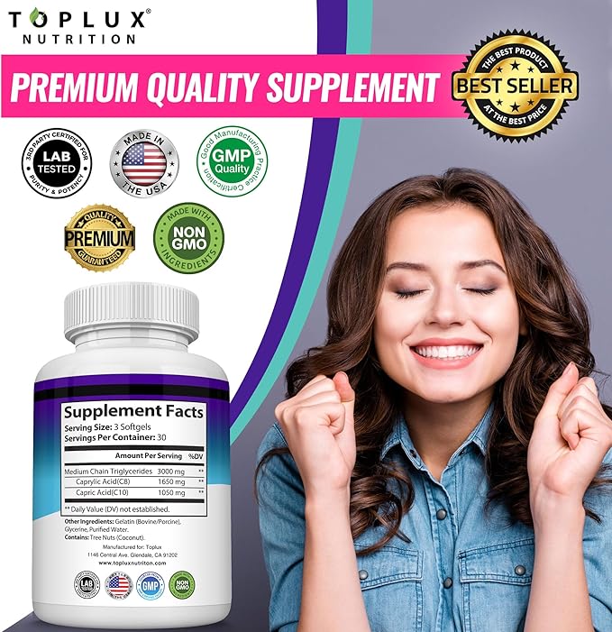 Toplux Keto MCT Oil Capsules - 3000mg Natural Pure Coconut Oil Extract Pills, Source of Energy, Easy to Digest for Men Women, 90 Softgels, Supplement