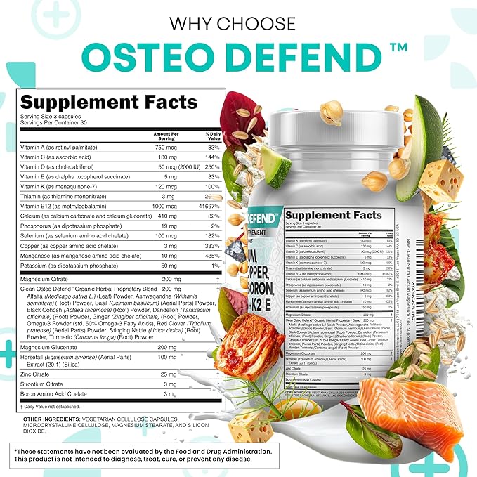 Clean Nutraceuticals Calcium Magnesium Zinc Supplement with Potassium, Copper, Strontium, Silica, Vitamin D3 K2, Boron, Vitamin B1 B12 Red Clover Herb Alfalfa Basil Pills for Men & Women Osteo Defend