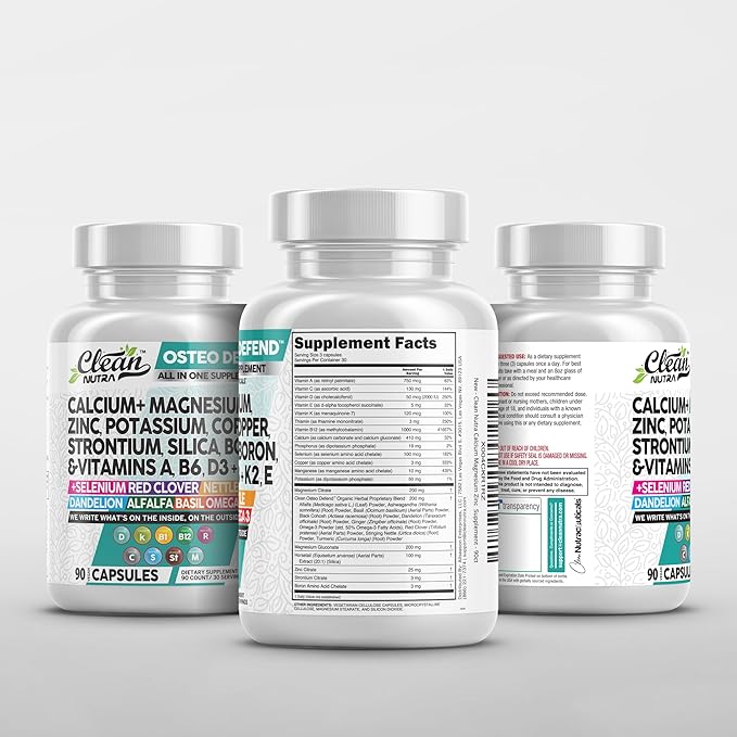 Clean Nutraceuticals Calcium Magnesium Zinc Supplement with Potassium, Copper, Strontium, Silica, Vitamin D3 K2, Boron, Vitamin B1 B12 Red Clover Herb Alfalfa Basil Pills for Men & Women Osteo Defend